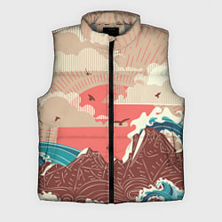 Мужской жилет Большие океанские волны и скалистый остров на зака, цвет: 3D-светло-серый