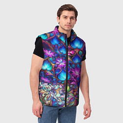 Мужской жилет Абстракция синие листья и фиолетовый цветы, цвет: 3D-черный — фото 2
