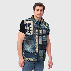 Мужской жилет Иероглифы на пэчворк дениме, цвет: 3D-черный — фото 2