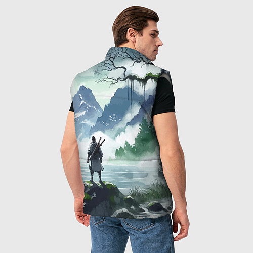 Мужской жилет Самурай на берегу горного озера - нейросеть / 3D-Светло-серый – фото 4