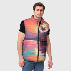 Мужской жилет Летний домик пальмы закат, цвет: 3D-черный — фото 2