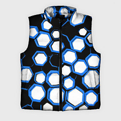 Мужской жилет Бело-синие шестиугольники на чёрном фоне, цвет: 3D-светло-серый