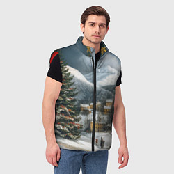 Мужской жилет Новогодняя огромная елка и маленькие домики, цвет: 3D-красный — фото 2