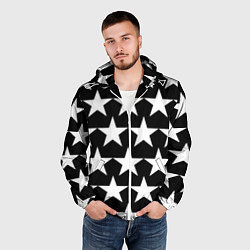 Ветровка с капюшоном мужская Белые звёзды на чёрном фоне 2, цвет: 3D-белый — фото 2