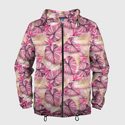 Ветровка с капюшоном мужская Розовый тропический узор, цвет: 3D-черный