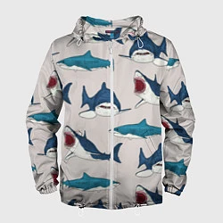 Ветровка с капюшоном мужская Кровожадные акулы паттерн, цвет: 3D-белый