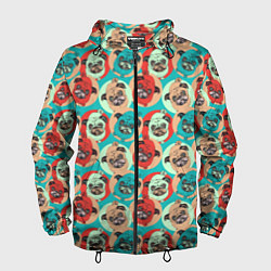Ветровка с капюшоном мужская Прикольные Мопсы, цвет: 3D-черный