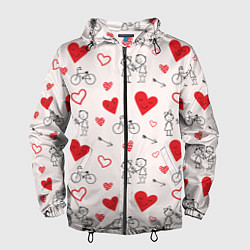 Ветровка с капюшоном мужская Романтические сердечки, цвет: 3D-черный