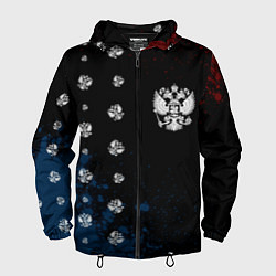 Ветровка с капюшоном мужская РОССИЯ - ГЕРБ Брызги 9, цвет: 3D-черный