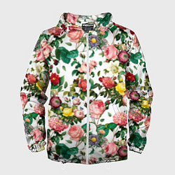 Ветровка с капюшоном мужская Узор из летних роз Summer Roses Pattern, цвет: 3D-белый
