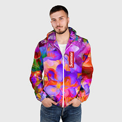 Ветровка с капюшоном мужская Красочный цветочный паттерн Лето Colorful Floral P, цвет: 3D-белый — фото 2