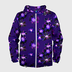 Ветровка с капюшоном мужская Цветы Фиолетовые Гибискус На Синем Фоне, цвет: 3D-белый