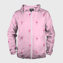 Ветровка с капюшоном мужская Фламинго на розовом фоне, цвет: 3D-белый