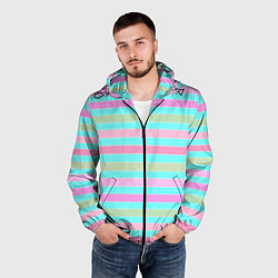 Ветровка с капюшоном мужская Pink turquoise stripes horizontal Полосатый узор, цвет: 3D-черный — фото 2