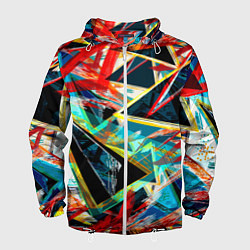 Ветровка с капюшоном мужская Яркий абстрактный узор с неоновыми штрихами, цвет: 3D-белый