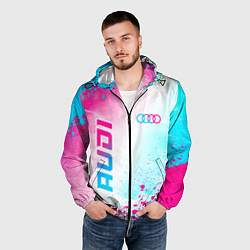 Ветровка с капюшоном мужская Audi neon gradient style: символ и надпись вертика, цвет: 3D-черный — фото 2