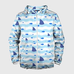 Ветровка с капюшоном мужская Волны, рыбки и плавники акул - паттерн, цвет: 3D-белый