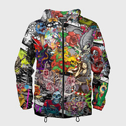 Ветровка с капюшоном мужская Цветное граффити и татуировки, цвет: 3D-черный
