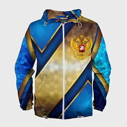 Ветровка с капюшоном мужская Золотой герб России на синем объемном фоне, цвет: 3D-белый