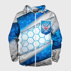 Ветровка с капюшоном мужская Синий герб России на объемном фоне, цвет: 3D-белый