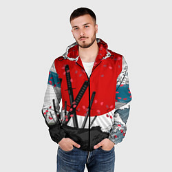 Ветровка с капюшоном мужская Солнце, волны и катаны, цвет: 3D-черный — фото 2