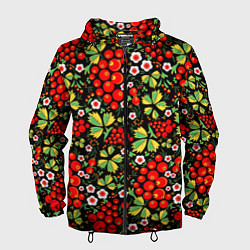 Ветровка с капюшоном мужская Русские узоры - цветы и ягоды, цвет: 3D-черный