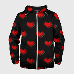 Ветровка с капюшоном мужская Красные сердца полигоны, цвет: 3D-белый