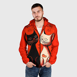 Ветровка с капюшоном мужская Влюблённые кошки на красном фоне, цвет: 3D-черный — фото 2