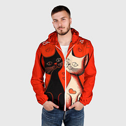 Ветровка с капюшоном мужская Влюблённые кошки на красном фоне, цвет: 3D-белый — фото 2