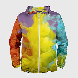 Ветровка с капюшоном мужская Абстрактные разноцветные объёмные дымы, цвет: 3D-белый