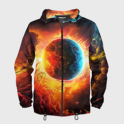 Ветровка с капюшоном мужская Планета в огненном космосе, цвет: 3D-черный