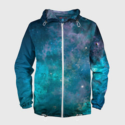 Ветровка с капюшоном мужская Абстрактный светло-синий космос и звёзды, цвет: 3D-белый