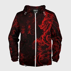 Ветровка с капюшоном мужская Красный дракон - иероглифы, цвет: 3D-белый