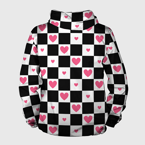 Мужская ветровка Розовые сердечки на фоне шахматной черно-белой дос / 3D-Черный – фото 2