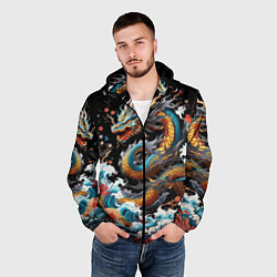 Ветровка с капюшоном мужская Дракон на волнах в японском стиле арт, цвет: 3D-черный — фото 2