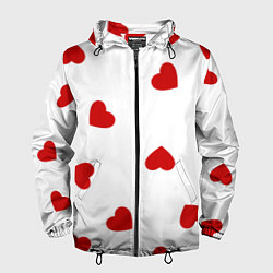 Ветровка с капюшоном мужская Красные сердечки на белом, цвет: 3D-черный