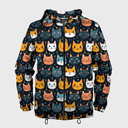 Ветровка с капюшоном мужская Мордочки мультяшных котов узор, цвет: 3D-черный