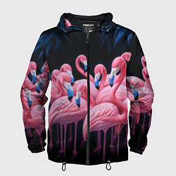Ветровка с капюшоном мужская Стая розовых фламинго в темноте, цвет: 3D-черный