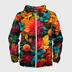 Ветровка с капюшоном мужская Яркие шикарные цветы узор, цвет: 3D-белый