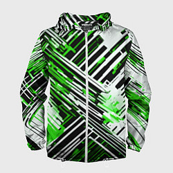Ветровка с капюшоном мужская Киберпанк линии белые и зелёные, цвет: 3D-белый
