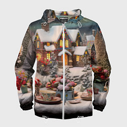 Ветровка с капюшоном мужская Объемные новогодние домики, цвет: 3D-белый
