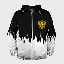 Ветровка с капюшоном мужская Герб РФ огонь патриотический стиль, цвет: 3D-белый