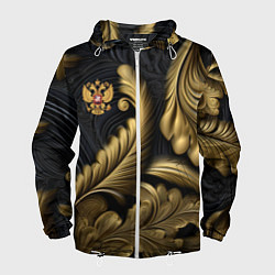 Ветровка с капюшоном мужская Золотой узор и герб России, цвет: 3D-белый