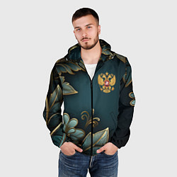 Ветровка с капюшоном мужская Золотые листья и герб России, цвет: 3D-черный — фото 2