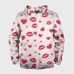 Ветровка с капюшоном мужская Поцелуйчики паттерн, цвет: 3D-белый