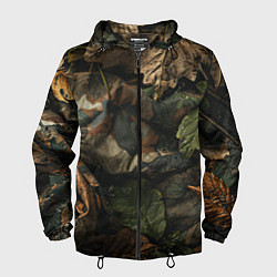 Ветровка с капюшоном мужская Реалистичный охотничий камуфляж из ткани и листьев, цвет: 3D-черный