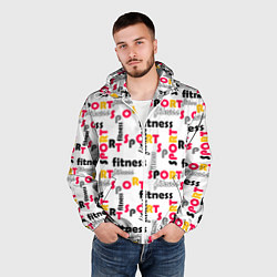 Ветровка с капюшоном мужская Спортивный паттерн с текстом желтого красного черн, цвет: 3D-белый — фото 2