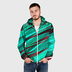 Ветровка с капюшоном мужская Бирюзовый и бордовый абстрактные полосы, цвет: 3D-белый — фото 2