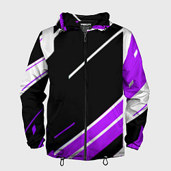 Ветровка с капюшоном мужская Бело-фиолетовые полосы на чёрном фоне, цвет: 3D-черный