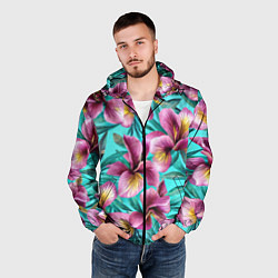 Ветровка с капюшоном мужская Розовые ирисы лианы паттерн, цвет: 3D-черный — фото 2